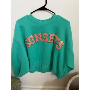 Judith March Sunsets Teal Green Chenille Glitter Cropped Sweatshirt Womens